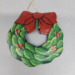 Vintage Metal Christmas Wreath Ornament Made In Haiti Hand Painted Red Green 4"